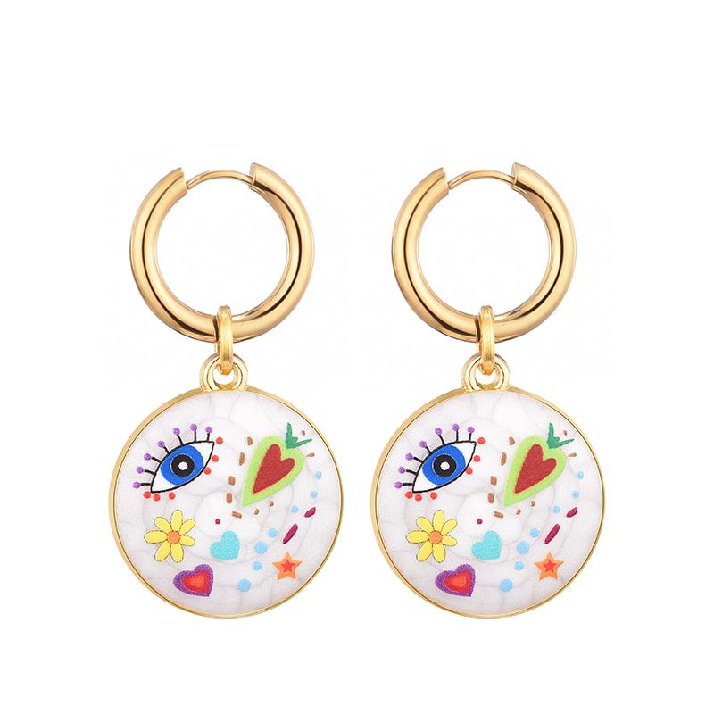 Cute Round Eye Flower Smile Star Heart Pattern Stainless Steel Hoop Earrings For Women Vintage Enamel Gold Color Female Jewelry