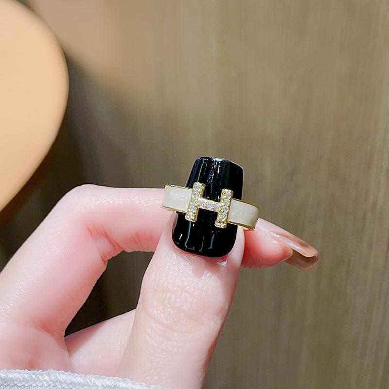 Enamel Dripping Oil Zircon Letter H Opening Ring Niche Design Light Luxury High Sense Fashion Personalized Jewelry