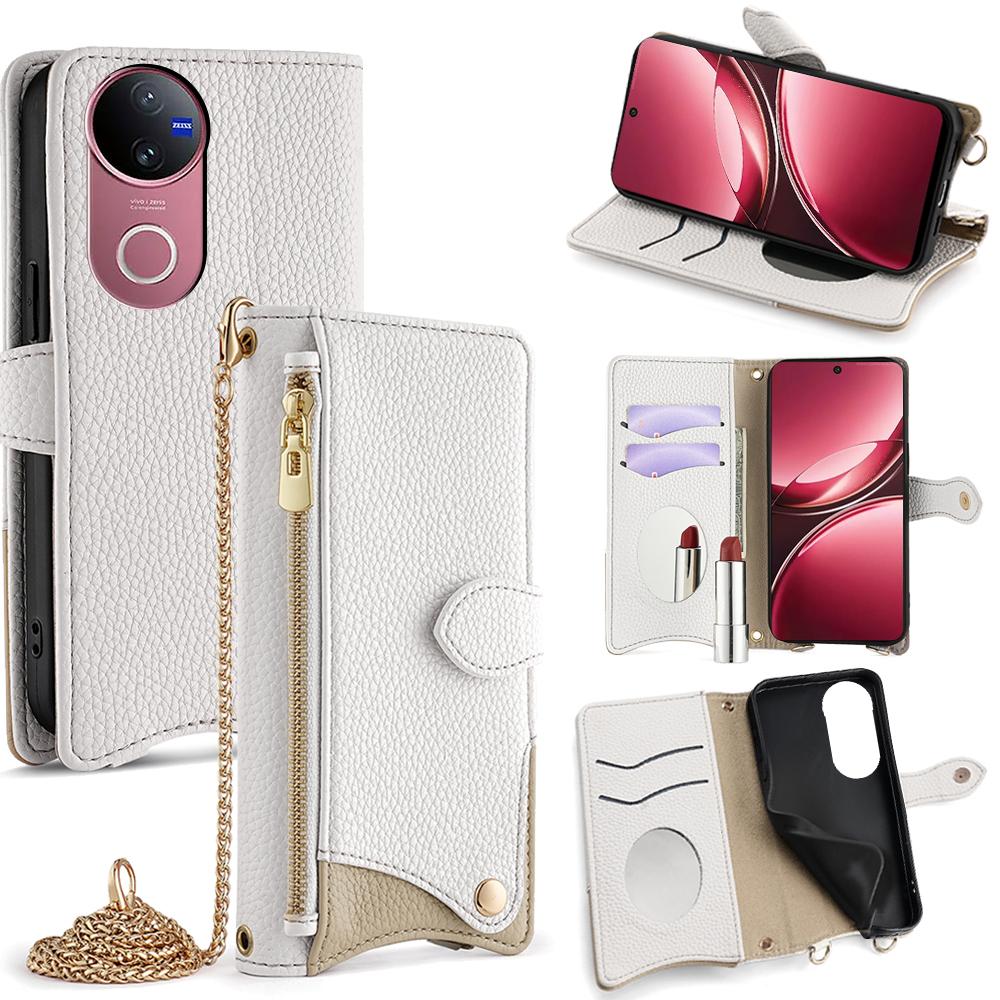 For vivo V50 5G Wallet Case Fishtail Design Leather Phone Cover with Mirror/Stand/Strap