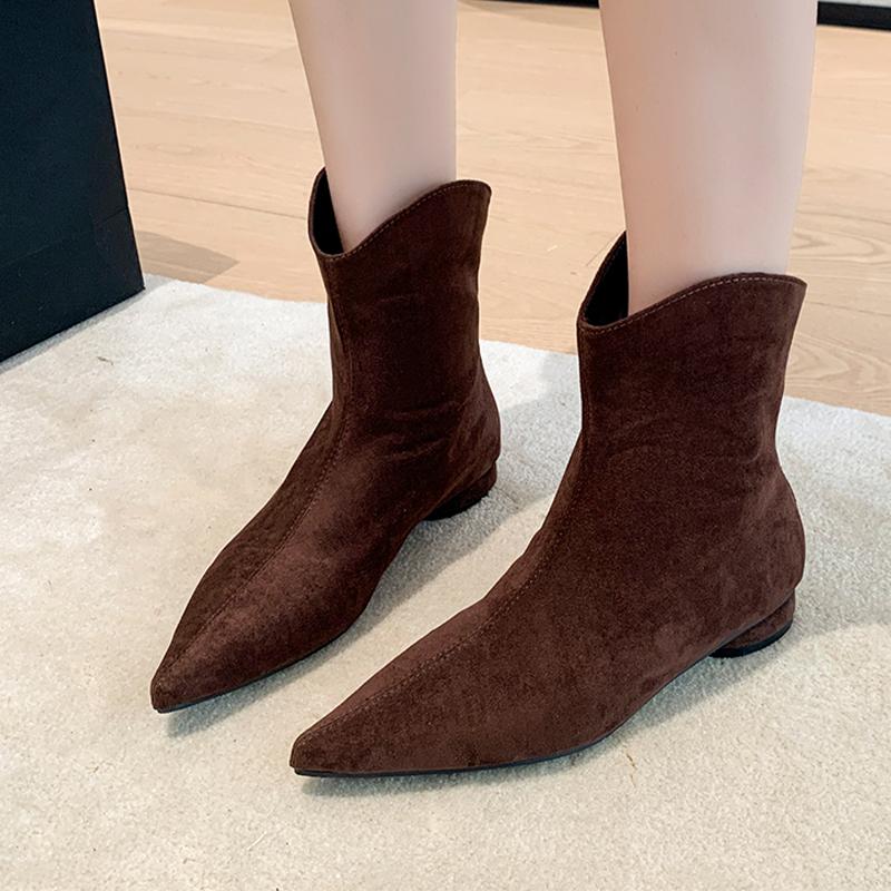 Модные женские ботильоны с острым носком, замшевые, модные туфли на каблуке, сексуальные, роскошные, зимние, короткий плюш, 2025, дизайнерские ботильоны для платья Para Mujer