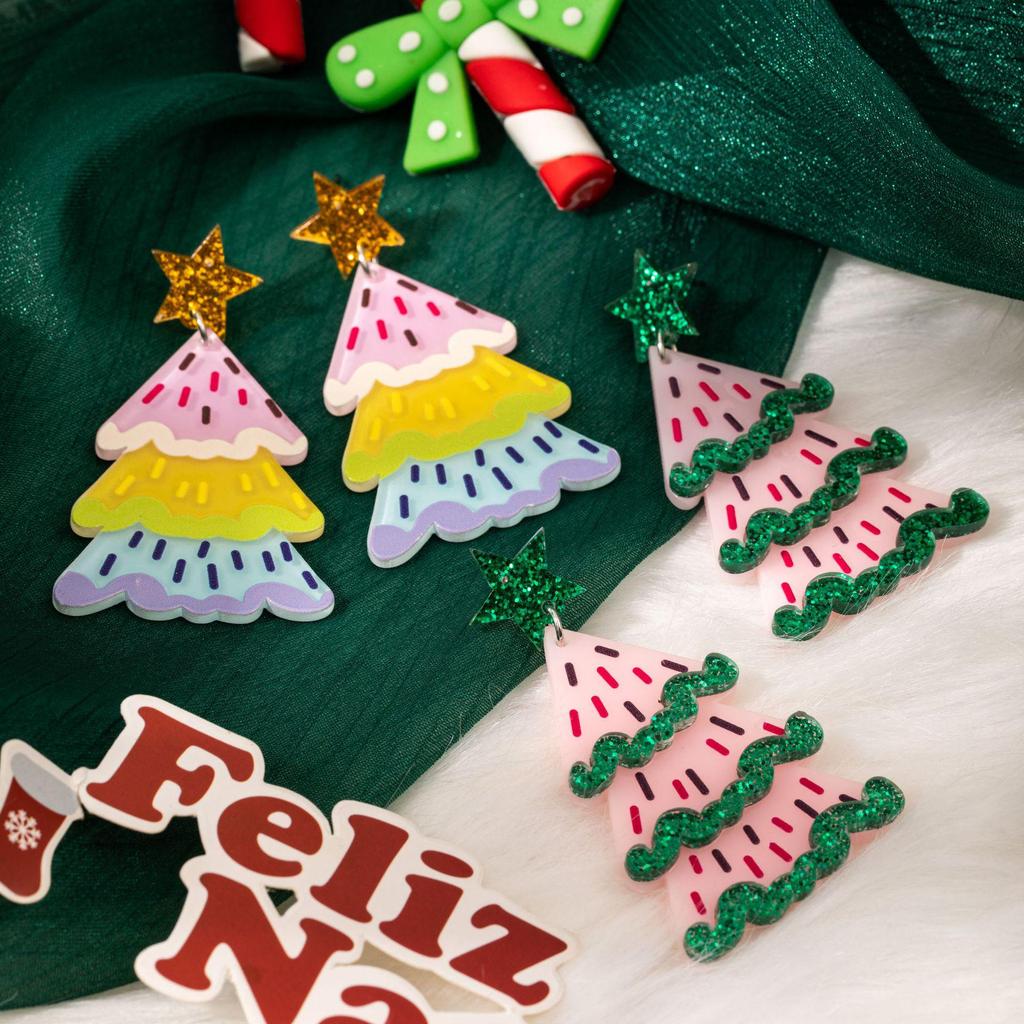 Double-Layer Acrylic Christmas Tree Earrings: Festive, Colorful, Creative Design
