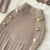 Autumn Winter Women Elegant Gold Button Knitted Sweater 3 Piece Set Single Breasted Jacket Coat Vest Long Midi Sheath Skirt Outfits