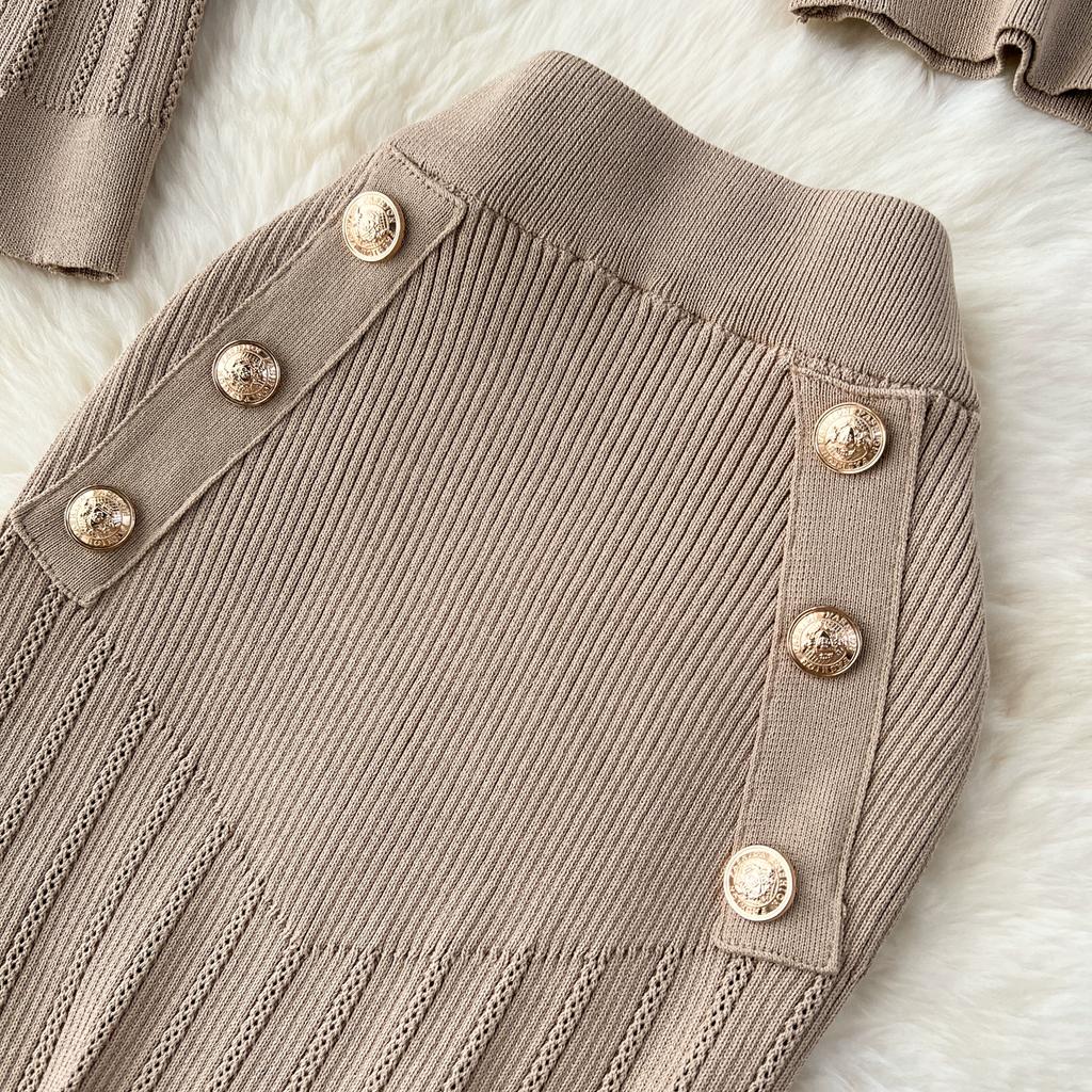 Autumn Winter Women Elegant Gold Button Knitted Sweater 3 Piece Set Single Breasted Jacket Coat Vest Long Midi Sheath Skirt Outfits