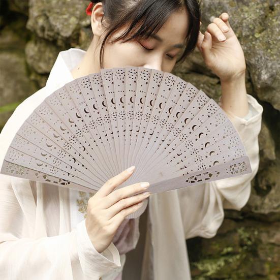 Wooden Folding Fan Chinese Style Hollow Ribs Portable Summer Hand Held Fan Decoration
