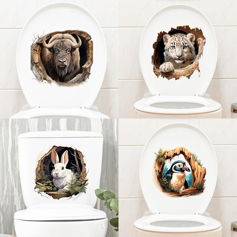 Интересные наклейки для унитаза с животными, самоклеящиеся водостойкие наклейки на крышку унитаза с совой, медведем и кроликом для ванной комнаты, декор для туалета