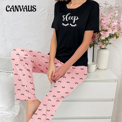 Женская домашняя одежда из молочного шелка с принтом букв, короткие рукава, длинные брюки, женская пижама, костюм