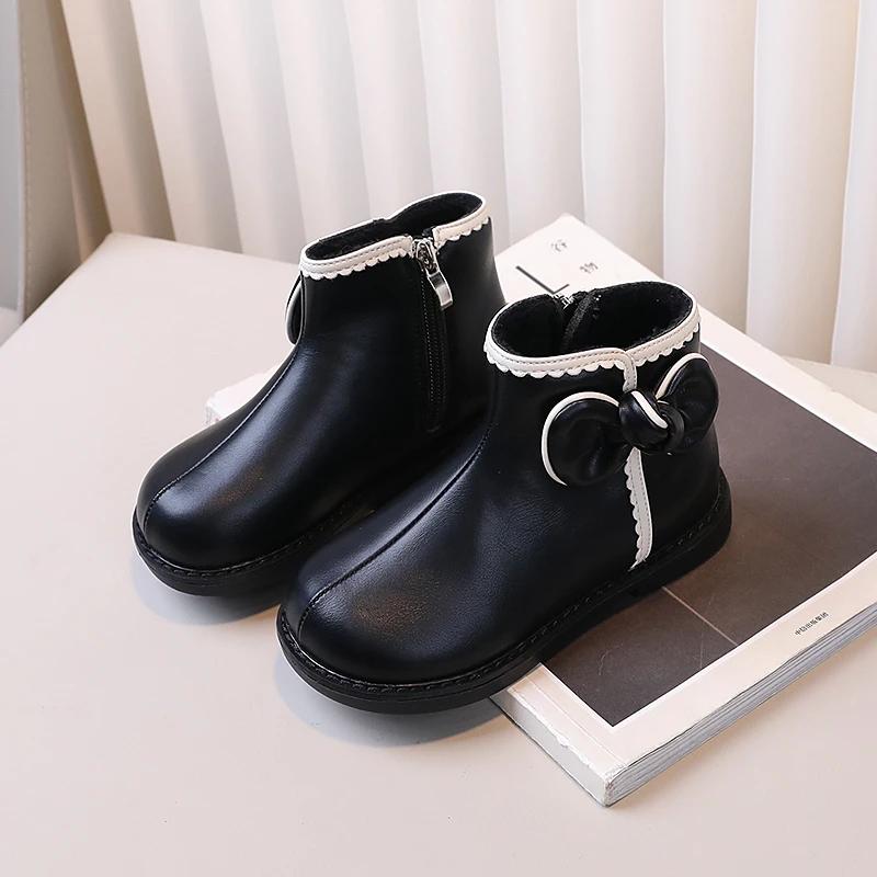 Детская обувь, ботинки для девочек, зимние универсальные, принцесса, бант, хлопковые ботинки, модные, повседневные, милые, детские, ботильоны, теплые, плюшевые
