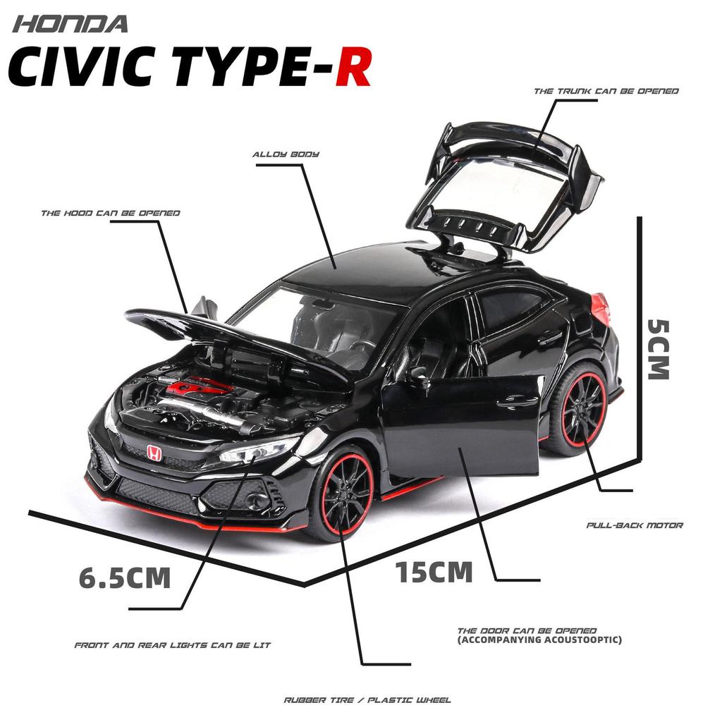 1:32 масштаба 2017 Honda Civic Type-R, литая под давлением модель автомобиля, игрушечный автомобиль с открытыми дверями, свет и звук для детей, мальчиков, девочек, взрослых и мужчин, коллекция