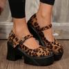 Мода Comemore Леопардовые Туфли-лодочки на массивном высоком каблуке Женская мода Ремешок с пряжкой Платформа Мэри Джейн Обувь Женские Готические Туфли на толстом каблуке для вечеринки