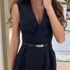Lady Romper Turn-down Collar V Neck Solid Color Pleated Sleeveless Slim Fit OL Commute Formal Style Soft