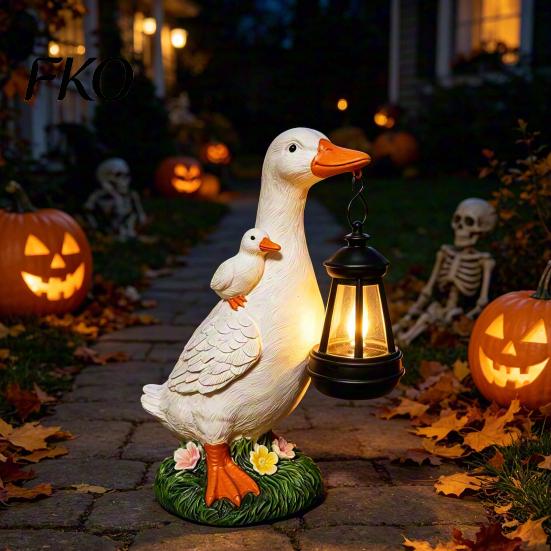 Resin Duck Statue with Flowers Garden Solar Lantern, Cute Mom And Baby Sculpture Outdoor Decor Lamp, Waterproof Light for Yard Lawn Patio