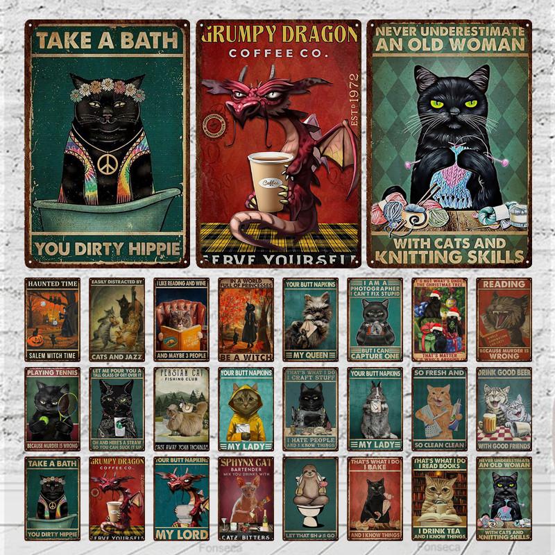 Вывеска с изображением кошек, расписная металлическая вывеска для комнаты, декорированный бар, настенный постер, жестяная банка, винтажное ощущение ржавчины, напиток, железная тарелка, украшение для отеля с пивом
