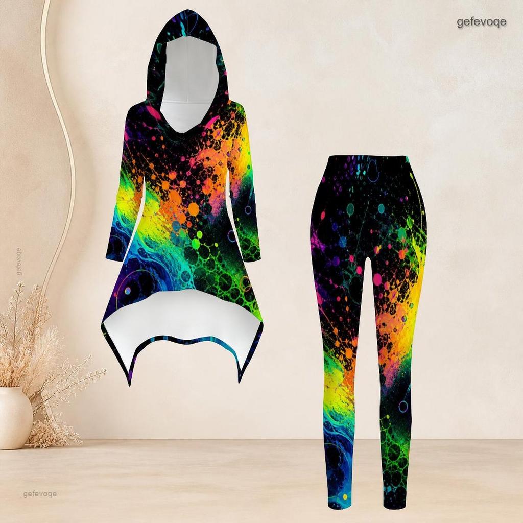 Women Plus Size Two Piece Set Hooded Long Sleeve High Low Top Colorful Printed Fitted Pants