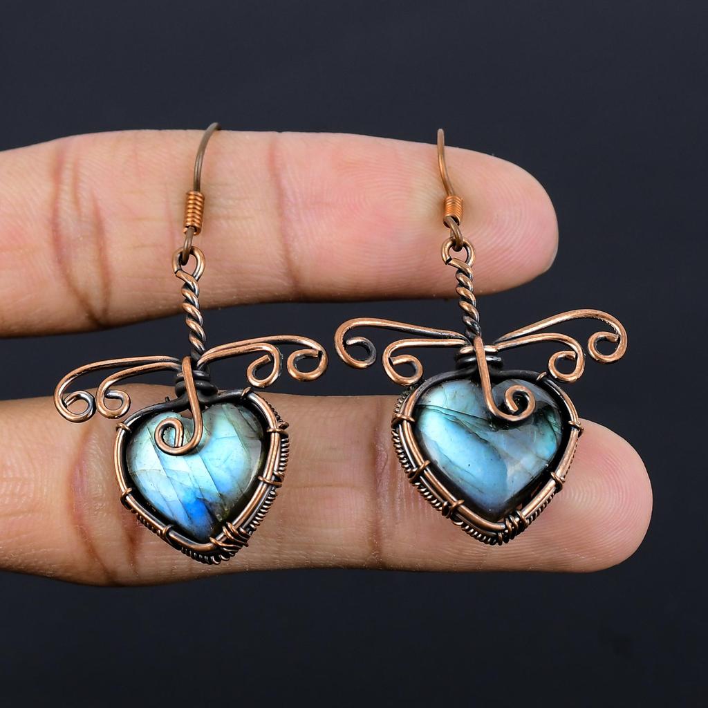 Серьги из лабрадорита, обернутые медной проволокой 999 пробы, Ювелирные изделия с драгоценными камнями ручной работы, Подарки для жены, Совершенно новые серьги