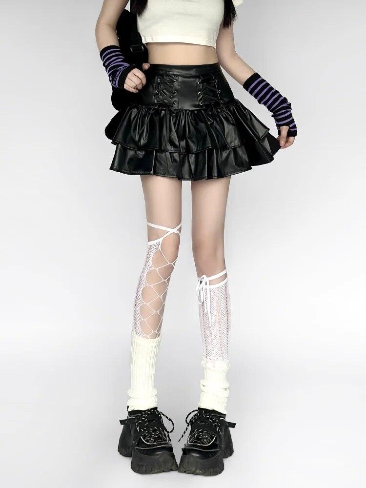 Punk Style PU Leather Mini Skirts Women High Waist Lace Up Black Pleated Skirt Streetwear Korean Style Leisure A-line