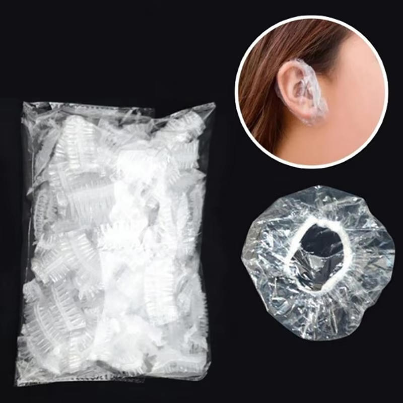 100 PCS Waterproof Earpack Plastic Wrap Disposable Hair Earmuff Dye Transparent Elastic Shower Hair Dye Protection Tool Ear Shield