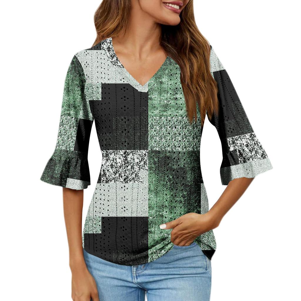 Рубашки с рукавом 3/4 для женщин, свободная футболка с принтом, топы с v-образным вырезом и рюшами на рукавах