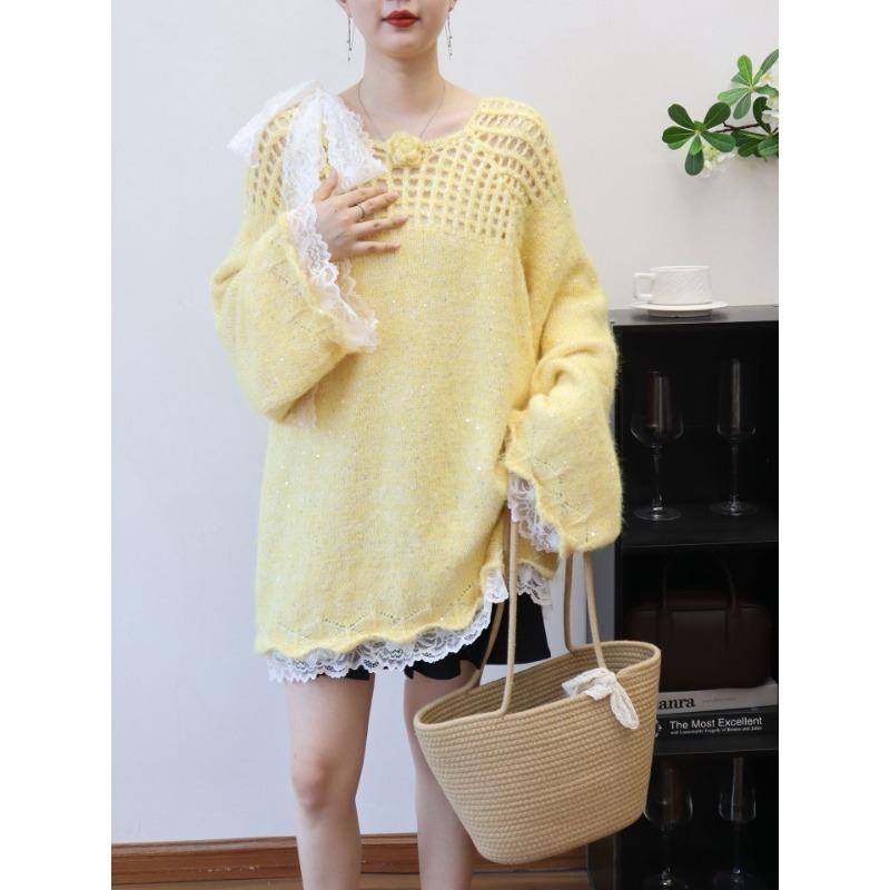 Autumn and Winter New Hollow Splicing Lace Sequined Knitted Sweater Top Loose Medium and Long Sweater Pullover Women