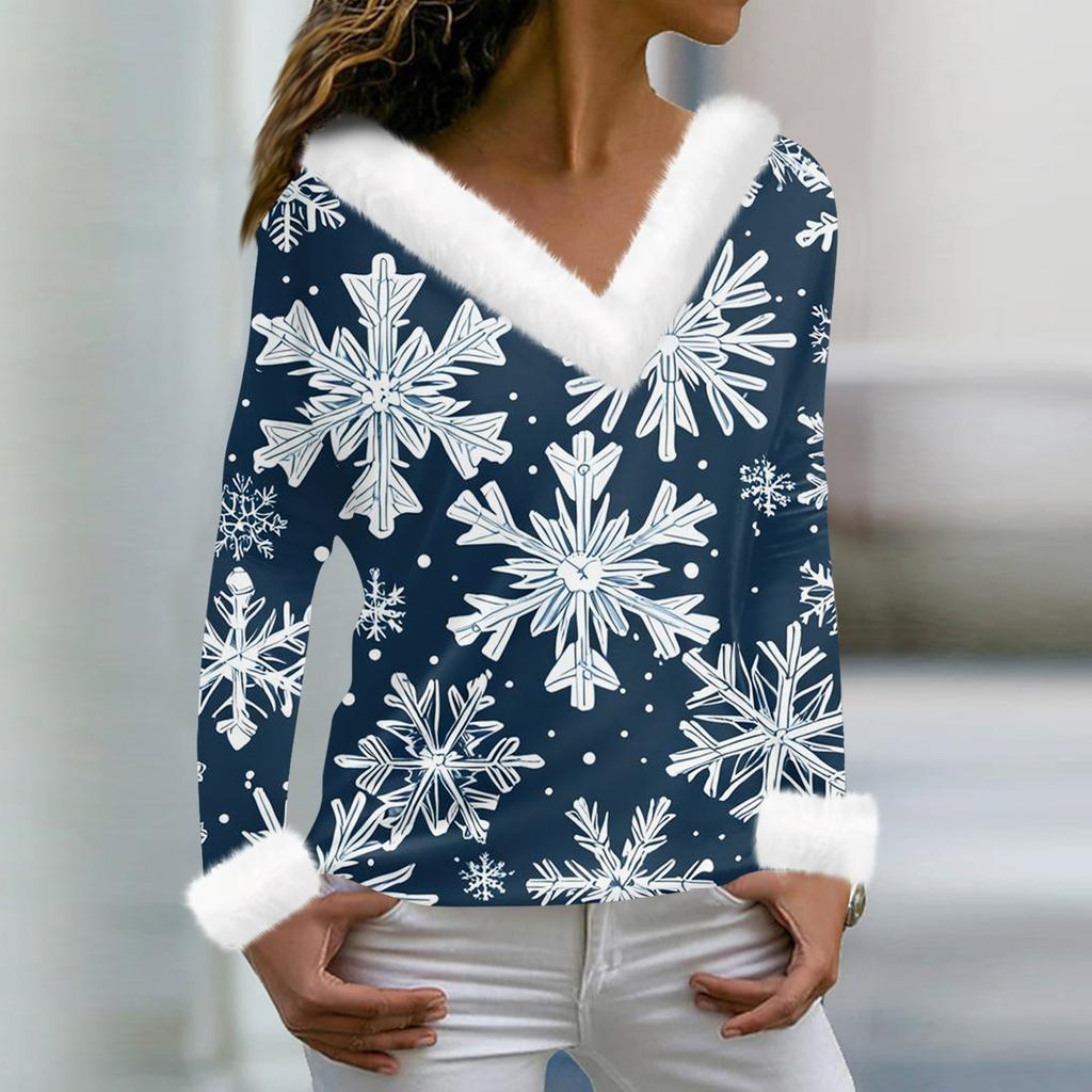 Women's Fashion Casual Long Sleeve V-Neck Christmas Printed Plush Top