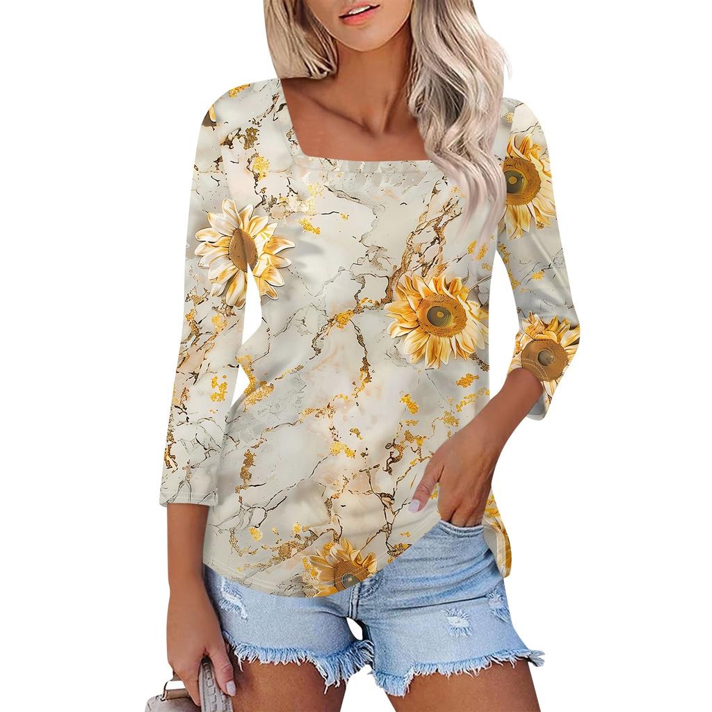 Shirt For Women's Fashion Casual Square Neck 3/4 Sleeve Loose Printed T-Shirt Ladies Top