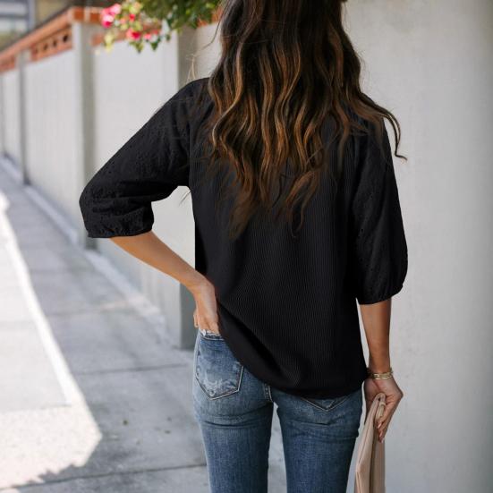 Женская футболка с V-образным вырезом, жаккардовым декором, рукавами 3/4, пуловер, однотонный, свободного кроя, для вечеринки и повседневной носки