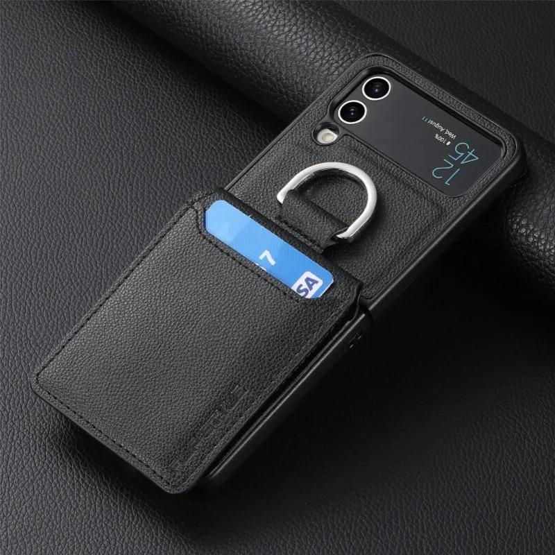 multifunction Card Slot Lychee leather Phone Case for Samsung Z Flip 6 5 4 3 7 5G Ring Holder Shockproof Back Cover for Z Flip6