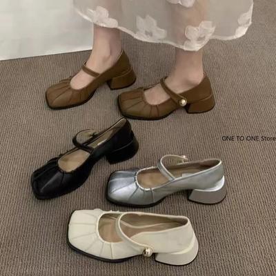 Мода 2024 года, осень, новые женские модные туфли с квадратным носком и закрытым носком, элегантные туфли-мюли Мэри Джейн на среднем каблуке, туфли-лодочки