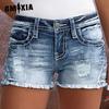 Women's Ripped Denim Shorts Stretch Slim Peplum Jeans Embroidered Denim Shorts