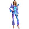 Metallic Shiny Bell Bottom Jumpsuit for Women S-3XL: Disco Style Romper with High Waist & Long Sleeves, Halloween Costume