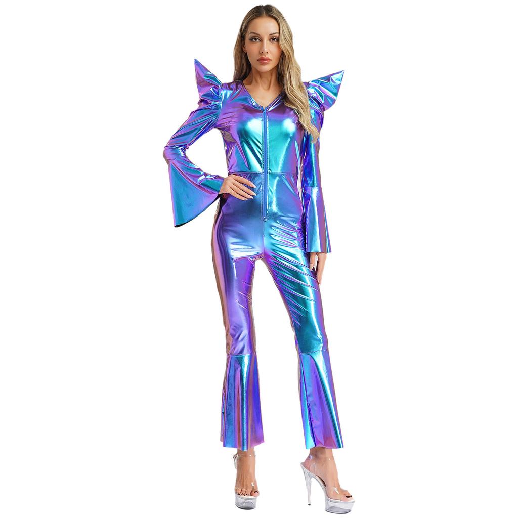 Metallic Shiny Bell Bottom Jumpsuit for Women S-3XL: Disco Style Romper with High Waist & Long Sleeves, Halloween Costume