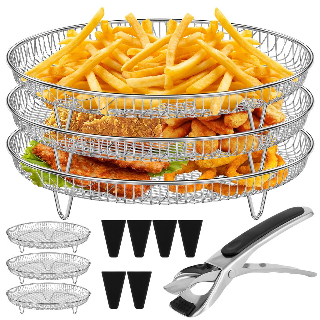 Barbecue Tool 3Layer Air Fryer Racks Stainless Steel Square/Round Air Fryer Basket Tray Stackable Dehydrator Racks Kitchen Cook