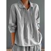 Women Spring Autumn Cotton Linen Blouse White Green Blue Loose Top Lapel Neck Long Sleeve Pleated Blouses