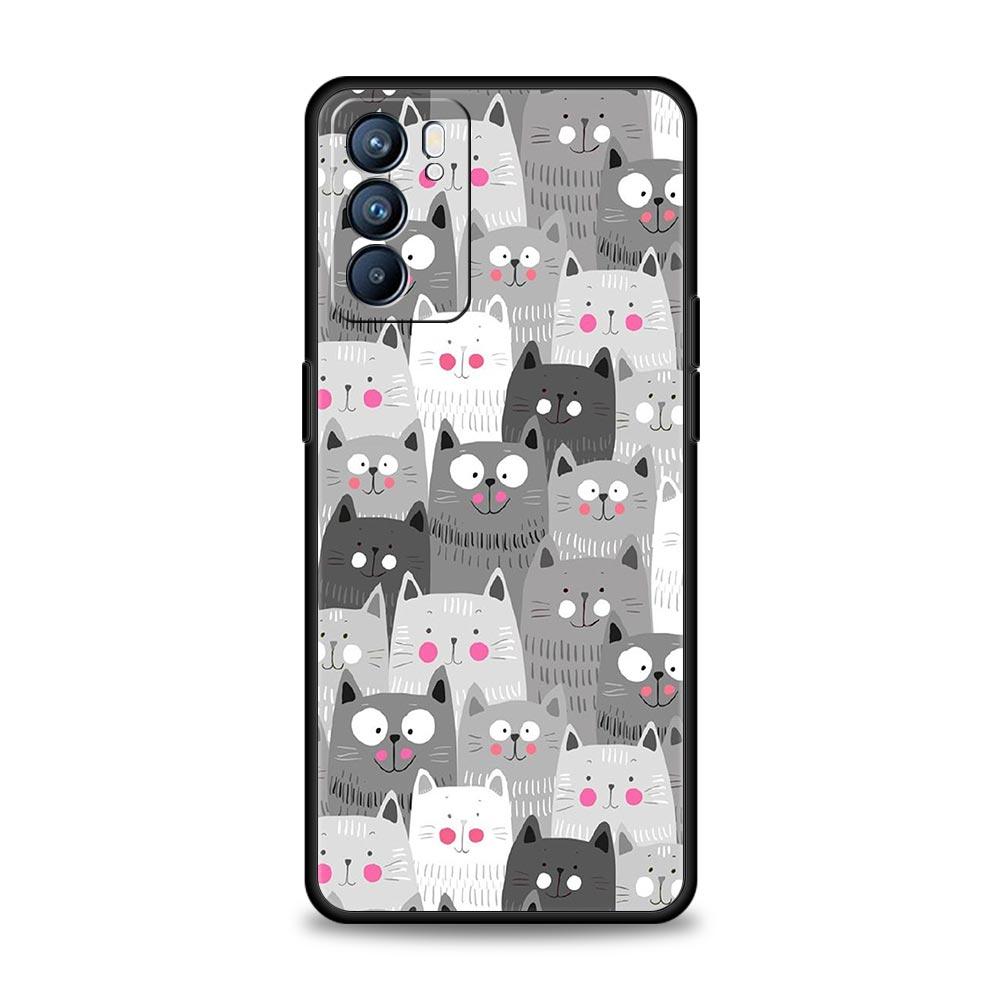 Cartoon Cute Cats Background Phone Case For Oppo Find X5 A53 A52 A9 2020 A54 A15 A95 A16 A76 A74 A12 Reno7 Pro SE Reno6 Z Cover
