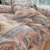 Korean Style Princess Floral Bedding Set Washed Cotton Vintage French Pastoral Flowers Lace Ruffles Duvet Cover Set Pillowcase
