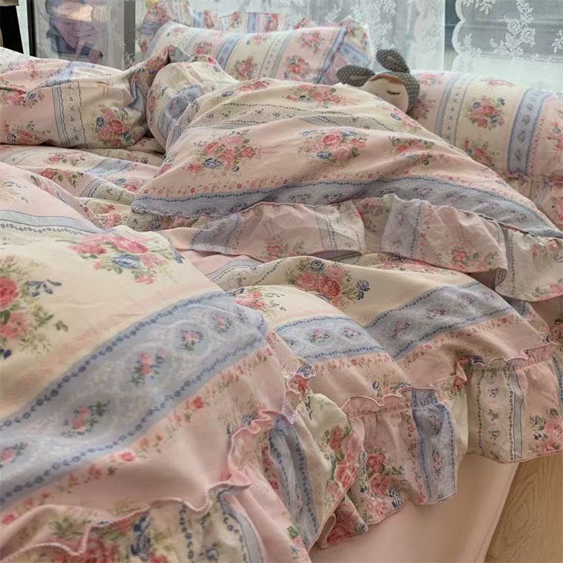 Korean Style Princess Floral Bedding Set Washed Cotton Vintage French Pastoral Flowers Lace Ruffles Duvet Cover Set Pillowcase
