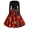Christmas Print Flare Dress For Women Long Sleeve Dress Hollow Party Casual Square Collar Dresses