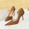 Retro Banquet Women's Shoes Slim Heels High Heels Shallow Mouth Pointed Fabric Side Hollow Single Shoes High Heels