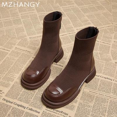Женские вязаные ботильоны зимние массивные туфли женские трендовые модные туфли на низком каблуке для ходьбы по снегу новые платья мотоциклетные ботинки Mujer