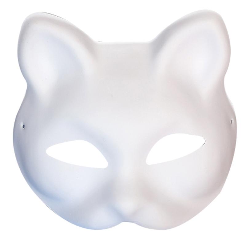 Unpainted Masquerades Mask with Furry Trim Adhesive Fabric Net Cloth Cats Face Mask Unpainted Mask for Halloween Supply