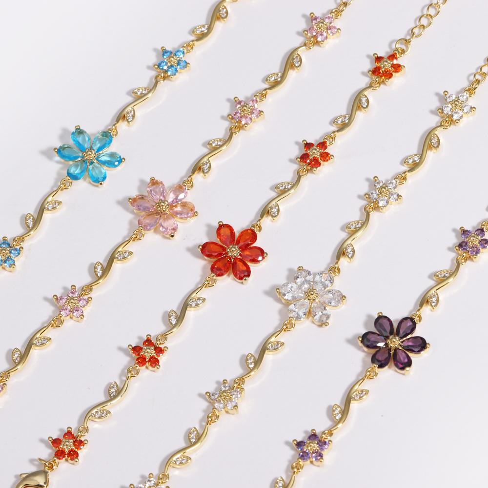 Luxury Colorful Zircon Flower Bracelets For Women Girls Korean Sweet Gold Crystal Adjustable Bracelet Jewelry Gift