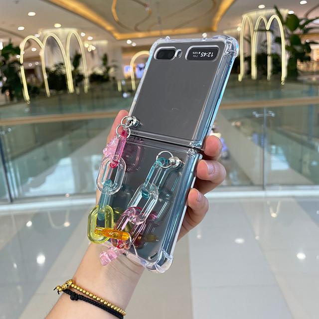 Симпатичный кожаный браслет-цепочка с бусинами, медведем и цветком, чехол для телефона для Samsung Galaxy Z Flip 4 Z Flip 3, прозрачный противоударный Z-откидной чехол Para