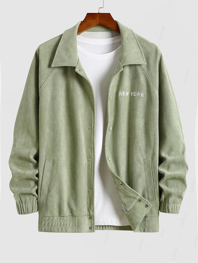 ZAFUL Мужская повседневная куртка из искусственной замши с вышитой надписью NEW YORK на кнопках и рукавами реглан