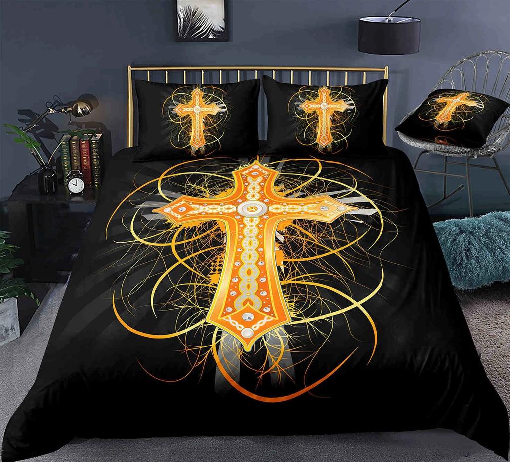 Jesus Cross Duvet Cover Set King Queen Size Christian Retro Design Polyester Quilt Cover for Teens Adult Jesus Christ Believer