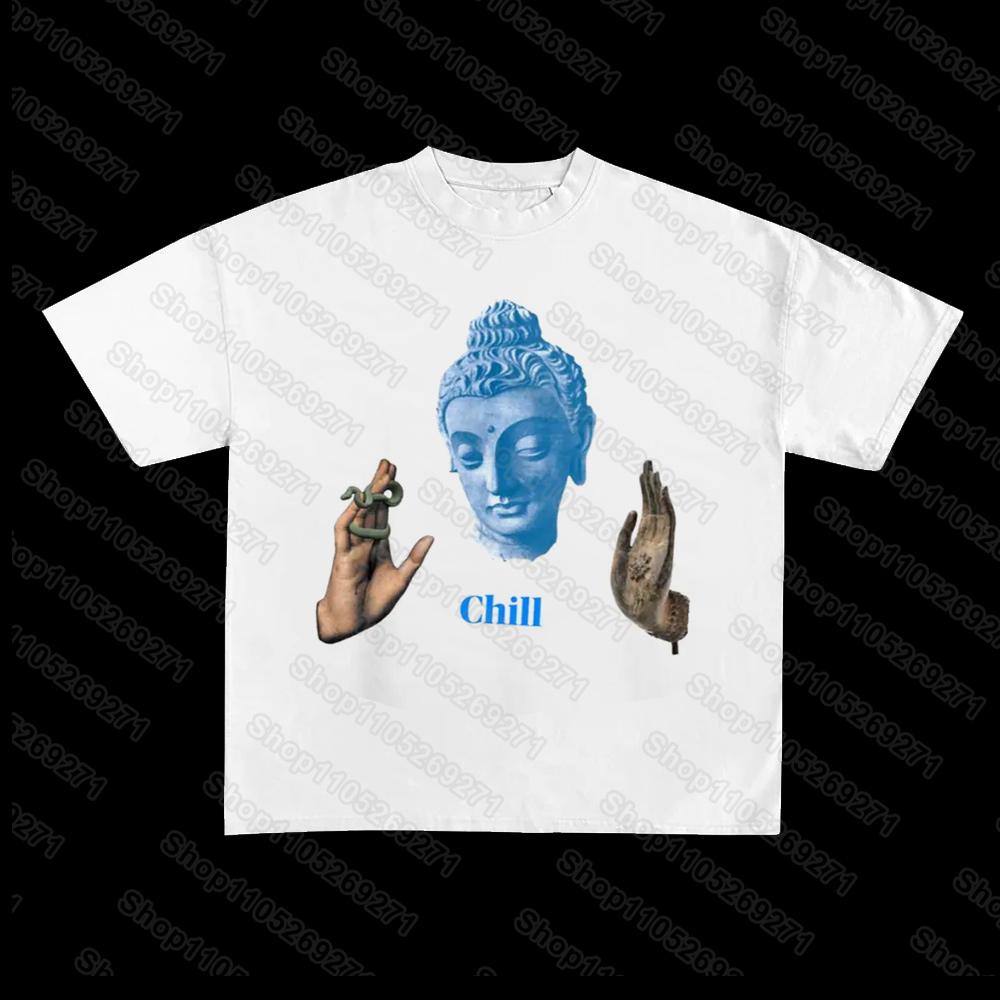 Летняя футболка с принтом Buddha Rchill Эстетичная Готика Винтаж Уличная Унисекс Футболки Гранж Панк Принты Топы Y2k Эмо Девочка Топы с Буквами