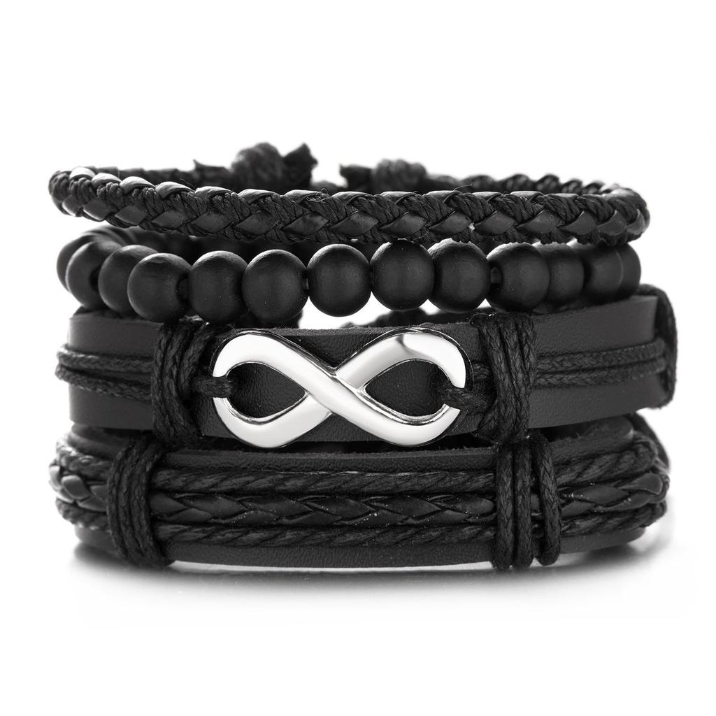 Men's Multi-Layer Bracelet Set with Wooden Beads and Braided Leather
