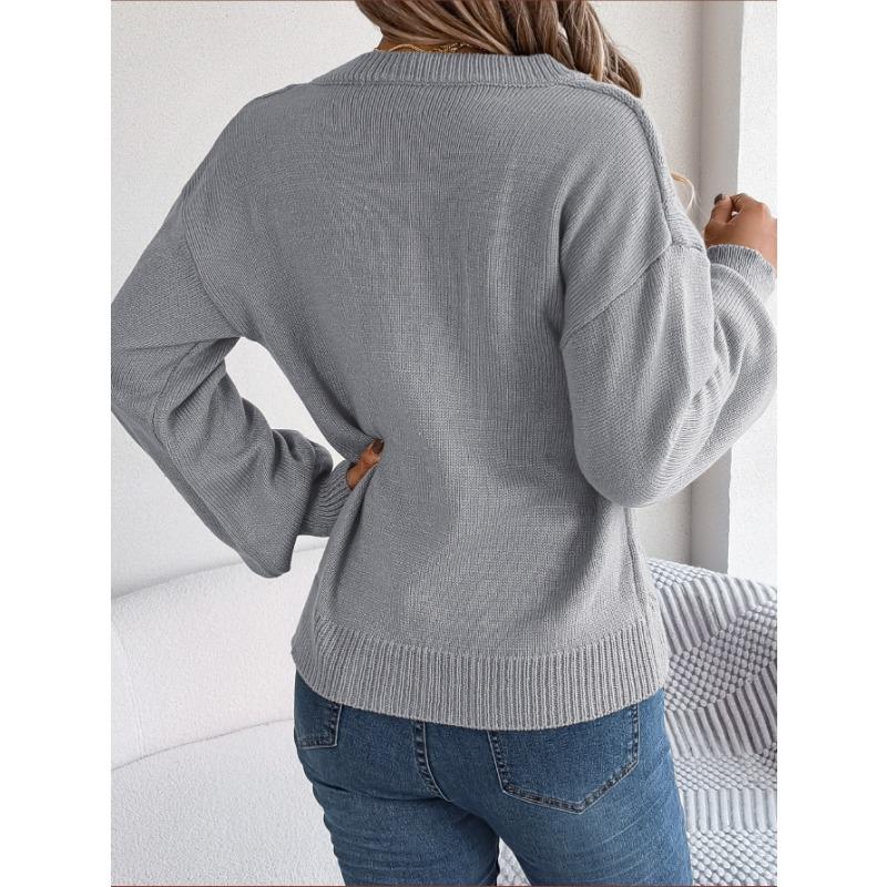 Women's Autumn and Winter Solid Color V-neck Button Twist Lantern Sleeve Pullover Sweater