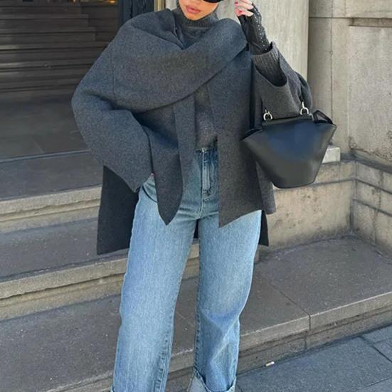 Женское пальто с шарфом, V-образным вырезом, свободным длинным рукавом, кардиганом, короткой курткой с шалью, однотонная повседневная верхняя одежда для поездок на работу и обратно на весну и осень