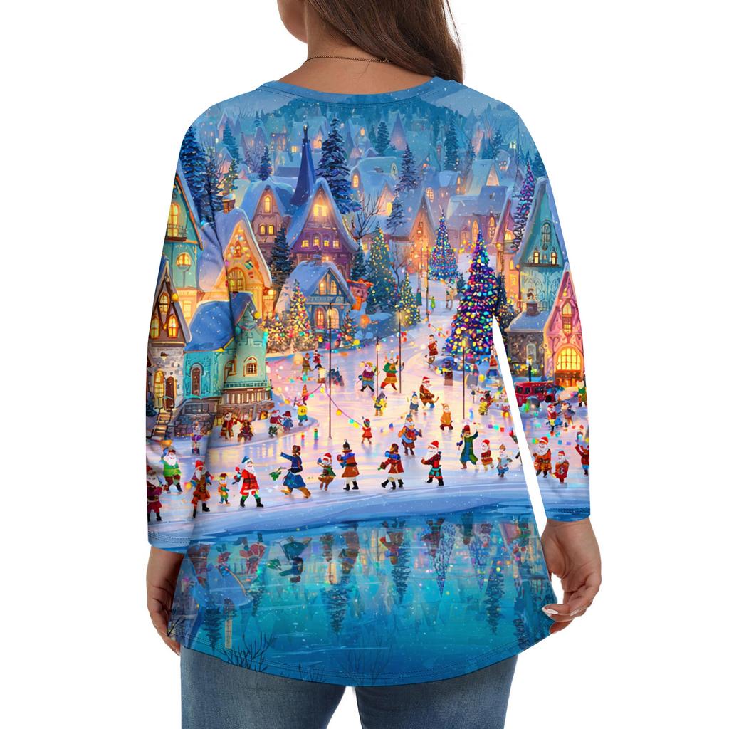 Women's Fashionable Casual Long Sleeved Plus Size Print Top Plus Size Floral Print Top