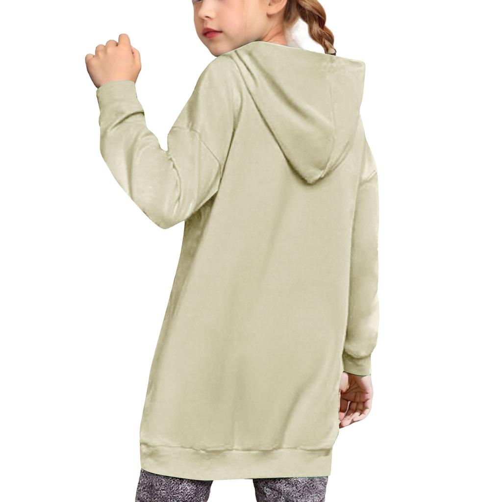 Children's Fashion Solid Color Long Sleeved Hooded Sweatshirt Girls' Mid Length Hoodie Top