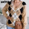 Женская мода осень-зима клетчатый принт с длинным рукавом и v-образным вырезом свободный повседневный свитер с бриллиантами в консервативном стиле